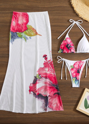 Costume da bagno 3 pezzi con stampa floreale grande con gonna lunga in rete Costume da bagno bikini micro perizoma da donna 2025 Costume da bagno estivo da spiaggia Biquini PlatiNum