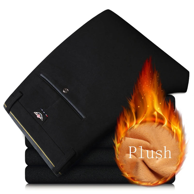 New Winter New Flannel Thick Men's Business Casual Pants Fleece Straight Slim Stretch Warm Plush Trousers Male Black Dark Blue