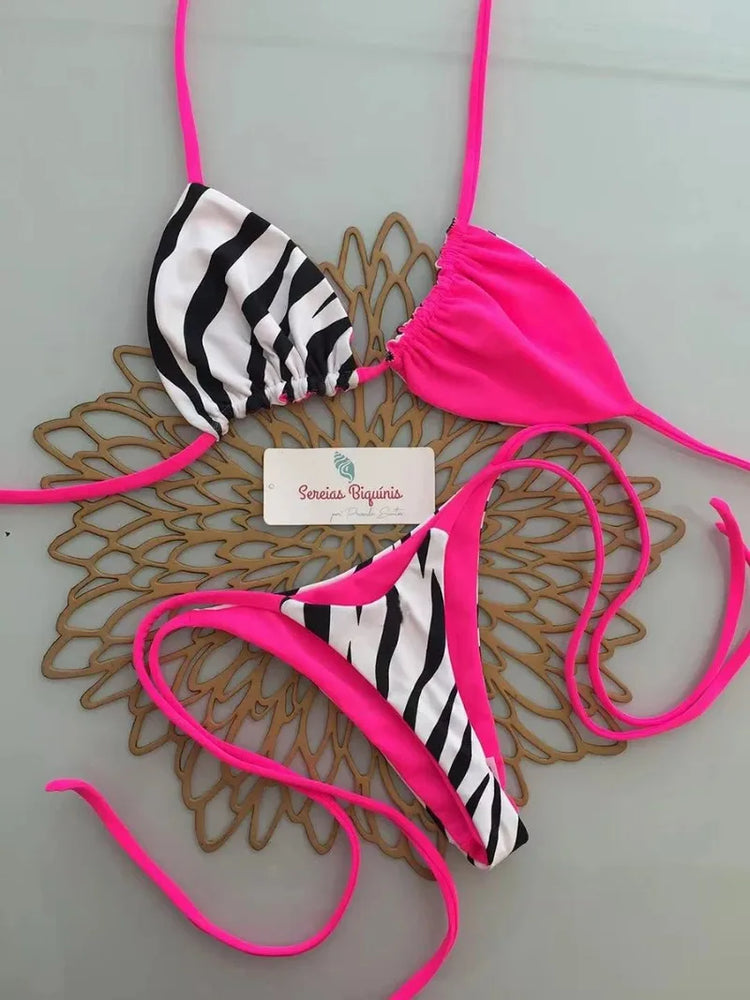 Micro Bikini Push-Up Donna 2026 - Set Bikini Brasiliano Halter con Stampa Floreale e Tinta Unita - Costumi da Bagno da Spiaggia
