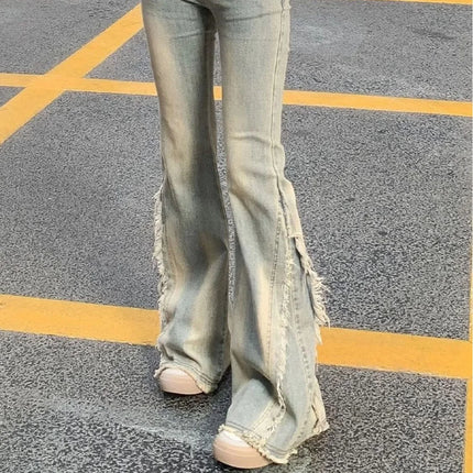 Jeans blu vintage da donna a vita alta americani retrò anni '90 materia prima design bordo Y2k pantaloni in denim streetwear jeans a gamba larga