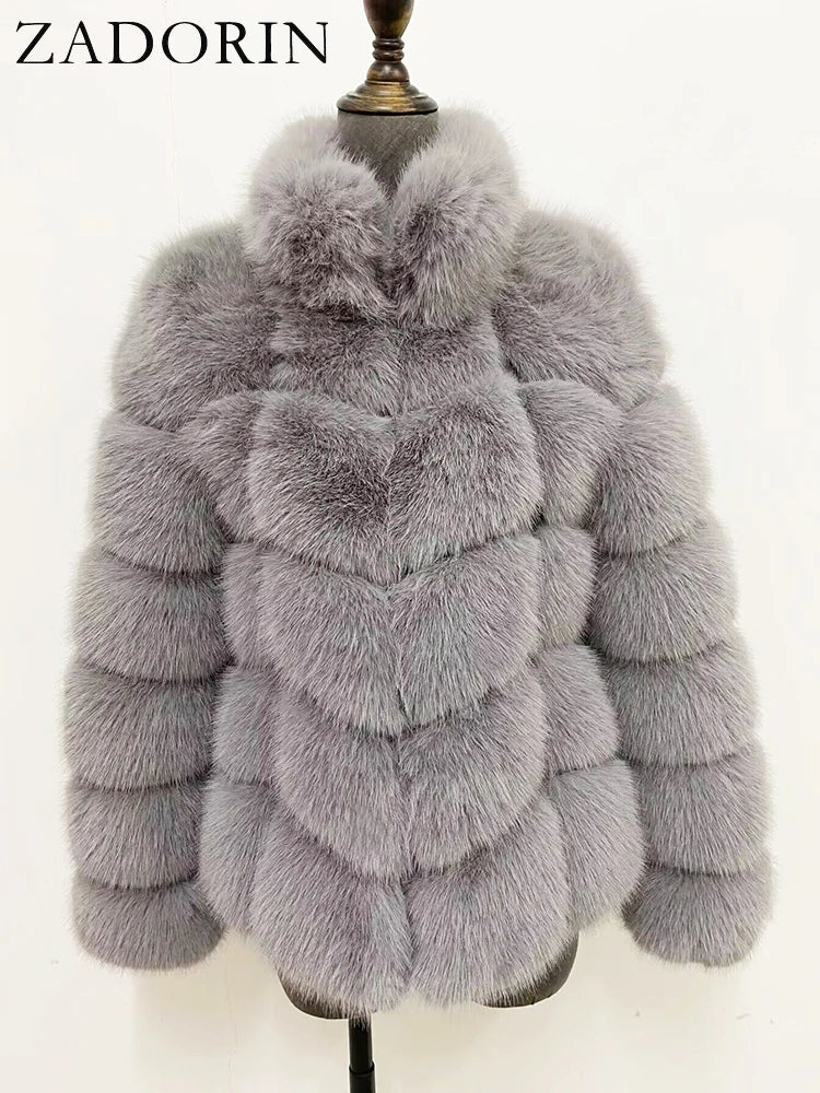 ZADORIN Winter Clothes For Women Stand Collar Splicing Long Sleeve Faux Fur Coat Women Black White Fluffy Jacket Faux Fur Coats