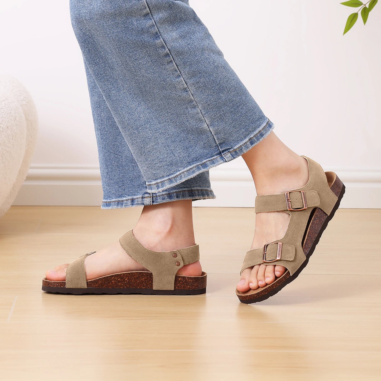 Eyriphy New Women Open Toe Leopard Slides With Adjustable Buckle Classic Flat Sandals Casual Cork Footbed Women's Slippers