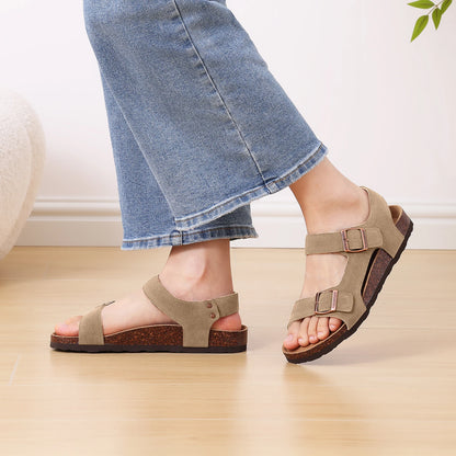 Eyriphy New Women Open Toe Leopard Slides With Adjustable Buckle Classic Flat Sandals Casual Cork Footbed Women's Slippers