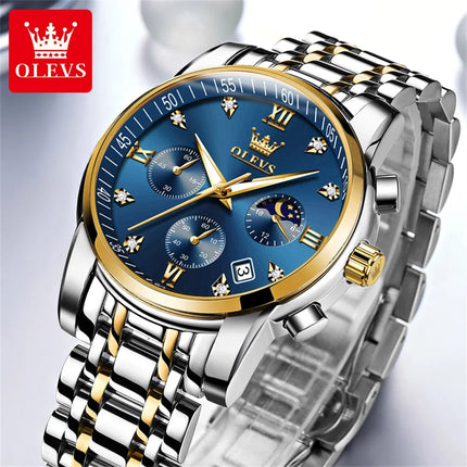 OLEVS 2858 Orologio da Uomo in Acciaio Inossidabile, Impermeabile, Antigraffio, con Fasi Lunari, Luminoso, Cronografo, Orologio da Polso al Quarzo di Lusso platinumshop