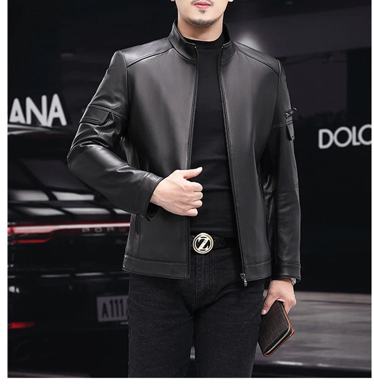 White Leather Jacket For Men 2023 Winter Male Business Simple Standing Collar Short Slim Coat Motorcycle Chaqueta Cuero Hombre