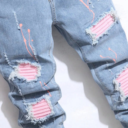 Men's Jeans Cool Ripped Skinny Trousers Stretch Slim Denim Pants Patchwork Hip Hop Black Blue Casual Jogging Jeans for Men PlatiNum