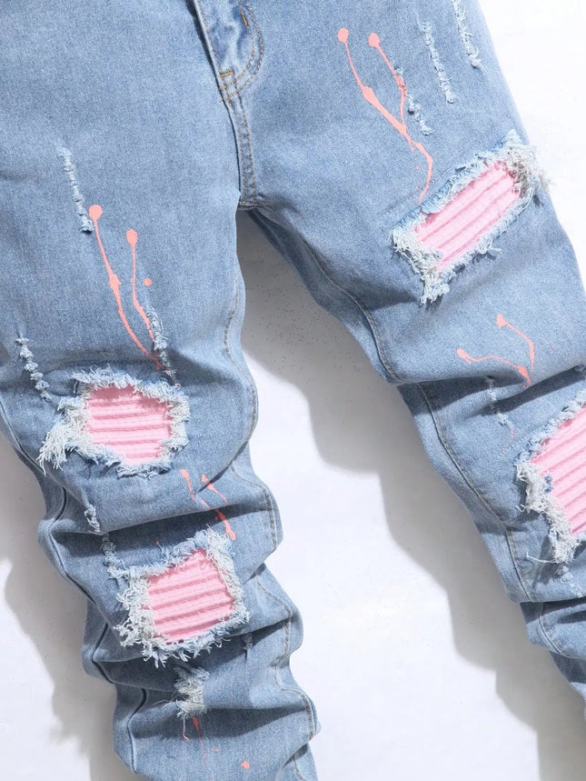 Men's Jeans Cool Ripped Skinny Trousers Stretch Slim Denim Pants Patchwork Hip Hop Black Blue Casual Jogging Jeans for Men PlatiNum