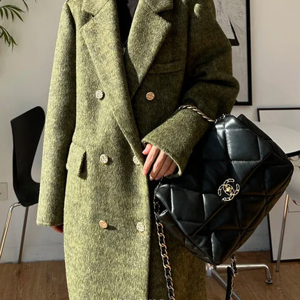 High-end Thick Double-sided Wool Coat Female Fashion Long  Autumn Winter Lapel Double Breasted Wool Coat Women Loose Outerwear