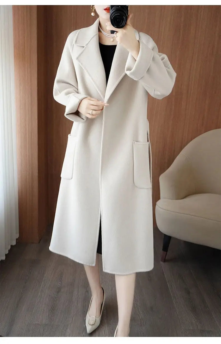 100% Wool Coat Women's Wear 2026 Autumn/Winter Fashion Temperament Double sided Cashmere Coats with Belt Elegant Long Overcoat
