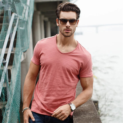 Men's 100% Cotton Branded Quality T-shirt V-Neck Fashion Design Slim Fit Solid Men's T-shirt Top Tees Short Sleeve T-shirt for Men