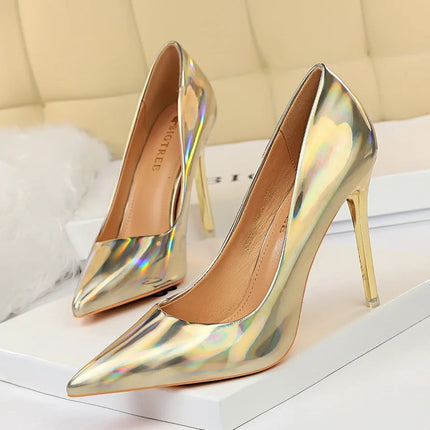 Tacchi alti da donna Blu Verde Décolleté di San Valentino Lusso lucido Stiletto Matrimonio Nuziale Discoteca Moda Semplice Colore solido 1829-2