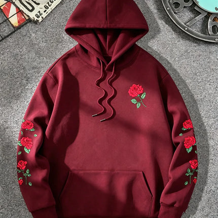 Men Rose Print Pullover Hoodie Casual Long Sleeve Streetwear Hip‑Hop Hooded Sweatshirt For Autumn Winter Women Warm Fleece Tops