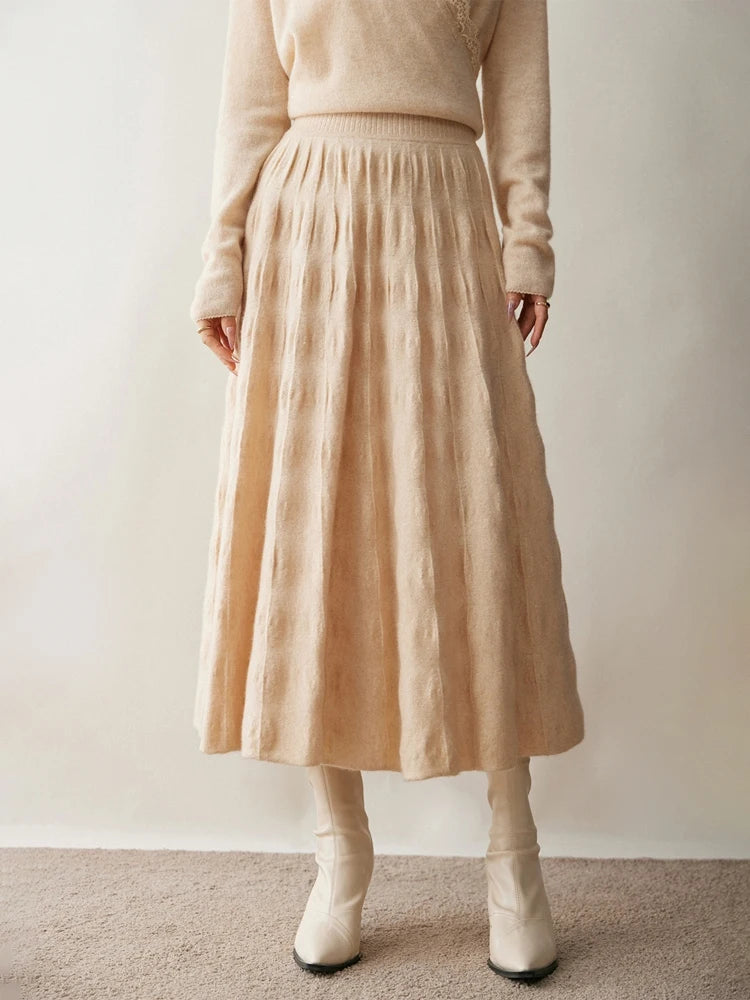 Women Cashmere Skirt A-Line Jacquard Elastic Waist Flared Skirt Autumn Winter 100% Cashmere Knitted Office Lady Curled Hem Dress PlatiNum