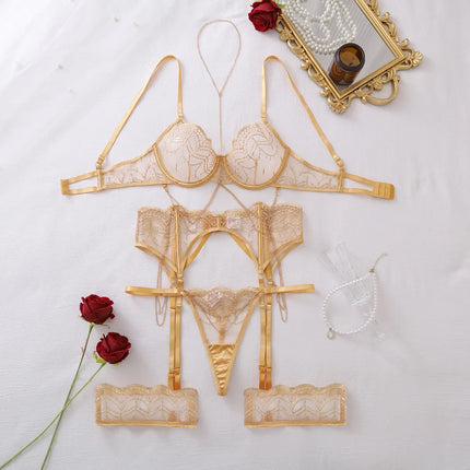 2026 Metal Chain Decor Perspective Lingerie Set Women's Sexy Lace Slim Underwear Split Set Female See Through Bra and Panty Set