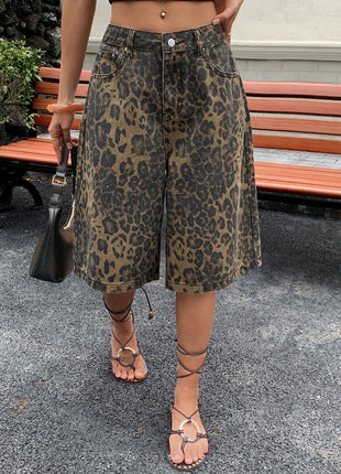 Pantaloncini Bermuda in Denim Vintage con Stampa Leopardata da Donna, a Vita Alta, Gamba Larga, Casual Estivi, Streetwear, Moda Quotidiana
