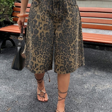 Pantaloncini Bermuda in Denim Vintage con Stampa Leopardata da Donna, a Vita Alta, Gamba Larga, Casual Estivi, Streetwear, Moda Quotidiana