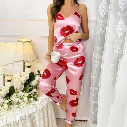 Pigiama da donna in raso con stampa labbra Top Cami con scollo a v e pantaloni elastici per le donne pigiama comodo sonno e abbigliamento da casa