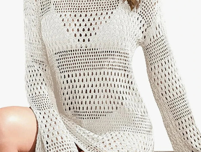 Copricostume da donna bianco traforato all'uncinetto con maniche a campana, vestibilità ampia, tunica da spiaggia primaverile/estiva platinumshop