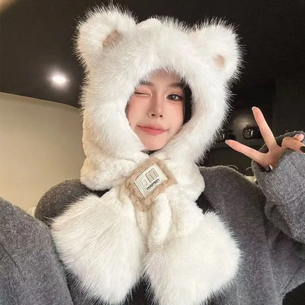 Women's Hat Beanie Balaclava Winter Cap Winter Women's Cute Thickened Fox Plush Hat Scarf Glove Three-in-one Cycling Warmth