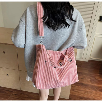 Large Capacity Striped Velvet Handbag Shoulder Bag for Woman Handbags Crossbody Bags, Versatile Letter Corduroy Women's Tote Bag PlatiNum