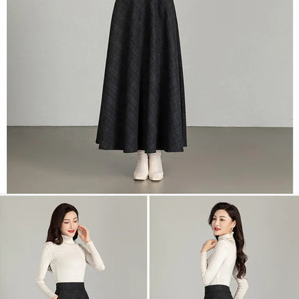 New Women Thick Woolen Skirt Autumn Winter Fashion Elastic High Waist A-Line Long Plaid Skirt Elegant Easy Match Wool Skirt PlatiNum
