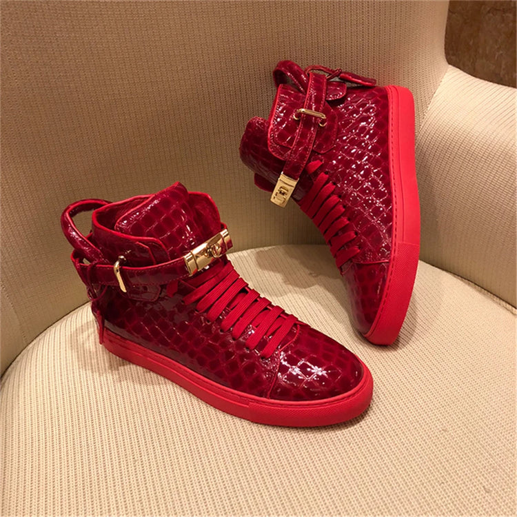 Men Red Crocodile Pattern High Top Sneakers Glossy Patent Leather Metal Buckle Lace-up Casual Shoes Streetwear Male Footwear