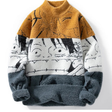 Mink Plush Thickened Round Neck Sweater New Men's Autumn Winter Loose Print Patchwork Fashion Knitted Sweater Long Sleeved Tops