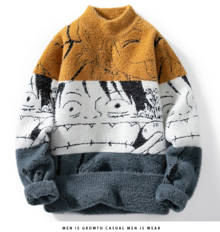 Mink Plush Thickened Round Neck Sweater New Men's Autumn Winter Loose Print Patchwork Fashion Knitted Sweater Long Sleeved Tops