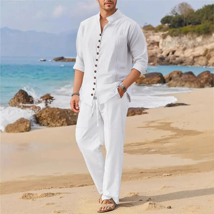 Men's Retro Cotton And Linen Set, Spring And Autumn Fashion Stand-up Collar Pocket Long Pants Long-sleeved Two-piece set PlatiNum