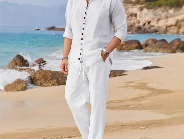 Men's Retro Cotton And Linen Set, Spring And Autumn Fashion Stand-up Collar Pocket Long Pants Long-sleeved Two-piece set PlatiNum
