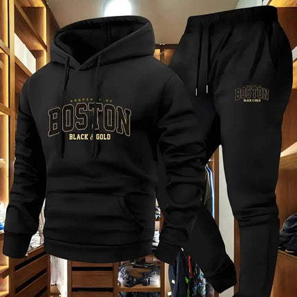 2-Piece Men's Casual Hooded Sweatshirt and Sweatpants Set - Los Angeles Letter Print Men's Outdoor Sports Set with Hooded Long S PlatiNum