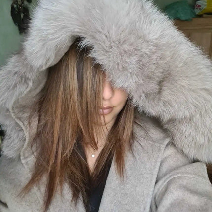 OFTBUY Omen Double Face Wool Coat Natural Fur Coat Wool Blend Jacket Winter Warm Elegant Long Sleeve Fur Cuffs Fashion Outerwear