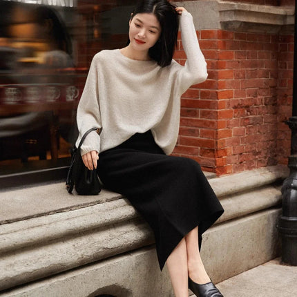 Birdtree,90.3% Sheep Wool 5.8% Cashmere Knitted Skirt,Woman Elastic Waist Straight Skirts,Autumn Rear Slit Maxi Skirt D5O728JF PlatiNum
