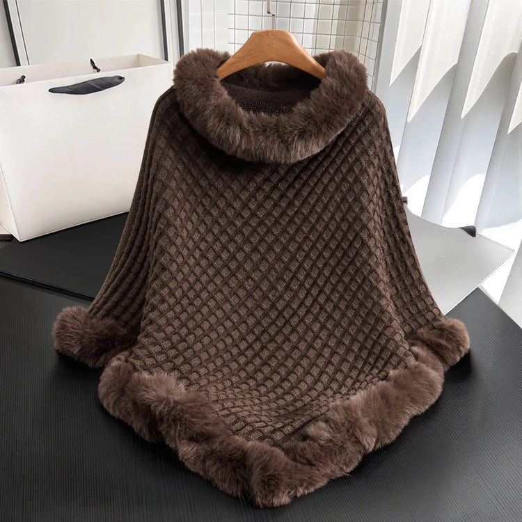 European and American Fall/Winter New Arrival Knitted Pattern Women's Wraparound Faux Fur Collar Pullover Loose Oversized Cape
