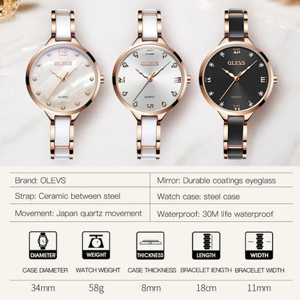 Orologio da donna OLEVS 5872, elegante orologio al quarzo con cinturino in ceramica e acciaio, impermeabile, per donna. platinumshop