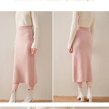 100% pure wool skirt new women's autumn and winter mid-length high-waisted thin cashmere skirt knitted all-match hip skirt PlatiNum