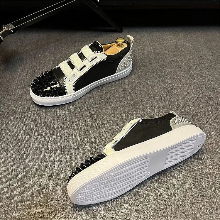 Sneaker Casual Men Designer Rivet Board Shoes Fashion Split Leather Upper Flat Platform White Shoes High Top Nightclub Shoes