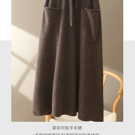 Autumn And Winter100% Pure Wool Skirt Women's Long Pocket Small A Skirt High Waist Slim Cashmere Knit A-Line Skirt PlatiNum