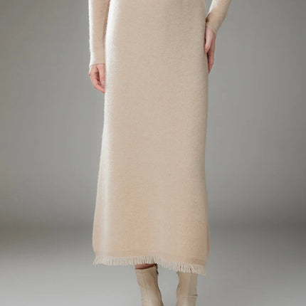 Women Cashmere A-Line Tassel Skirt High Waist Office Lady Retro Autumn Winter 100% Cashmere Knitwear Graceful Regular Fit Dress PlatiNum