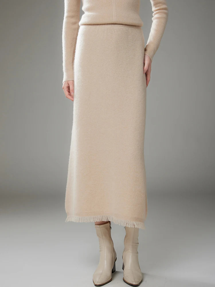 Women Cashmere A-Line Tassel Skirt High Waist Office Lady Retro Autumn Winter 100% Cashmere Knitwear Graceful Regular Fit Dress PlatiNum