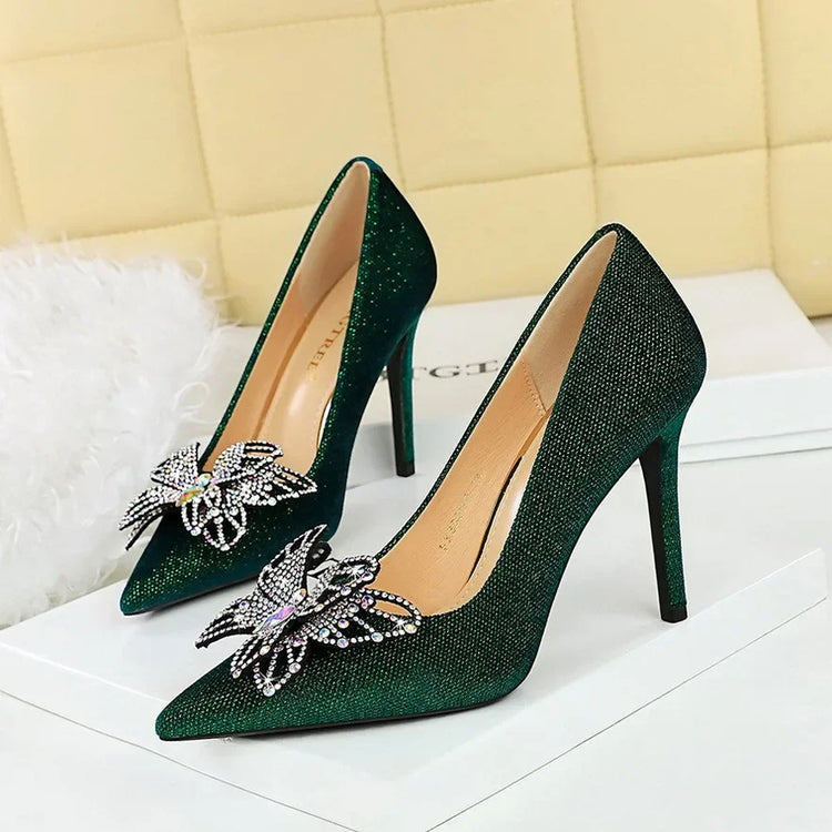 NUOVE Décolleté da donna con strass Tacchi alti a farfalla 10 CM Tacchi a spillo da donna in pelle scamosciata Scarpe da banchetto di lusso Scarpe da sposa di moda