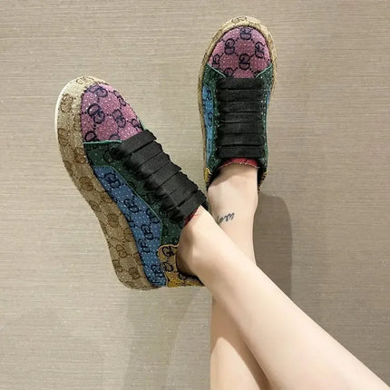 Spring 2025 New Khaki Crystal Women's Sneakers Fashion Versatile Casual Ladies Party Shiny Female Shoes