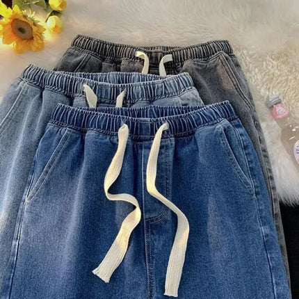 Loose Fit Men's Elastic Waist Jeans with Rope 9-Tenths Straight Leg Korean Style Trendy Versatile Large Size Nine-Piece Pants PlatiNum