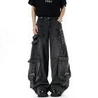 IEFB Jeans da uomo stile americano tinta unita multi tasche pantaloni casual usurati decostruzione pantaloni in denim a gamba larga 9W4066