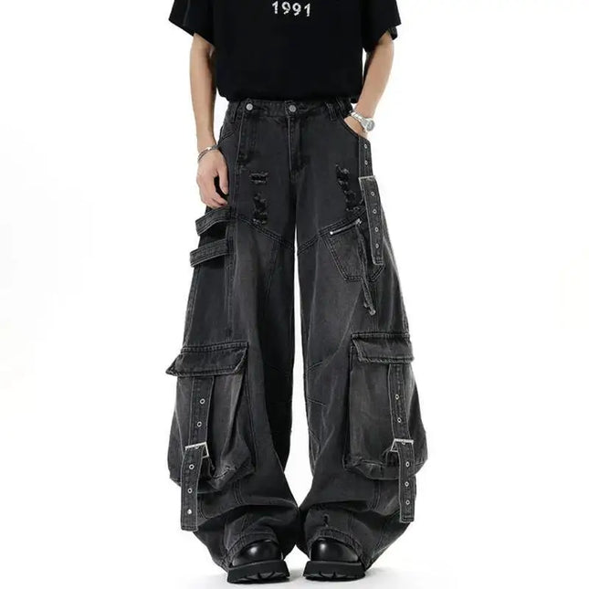 IEFB Jeans da uomo stile americano tinta unita multi tasche pantaloni casual usurati decostruzione pantaloni in denim a gamba larga 9W4066