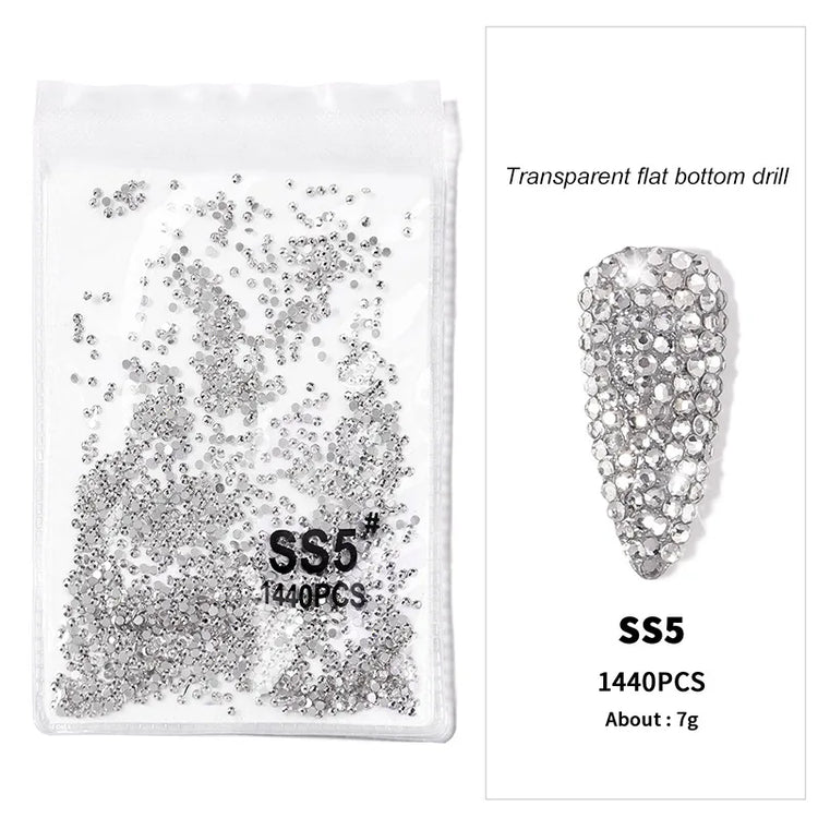 1440pcs Nail Clear/AB Glass Strass FlatBack Crystal Rhinestone (SS3-SS20)3D Nail Gem Stones Non-HotFix Nail Rhinestone 1.3-4.8mm