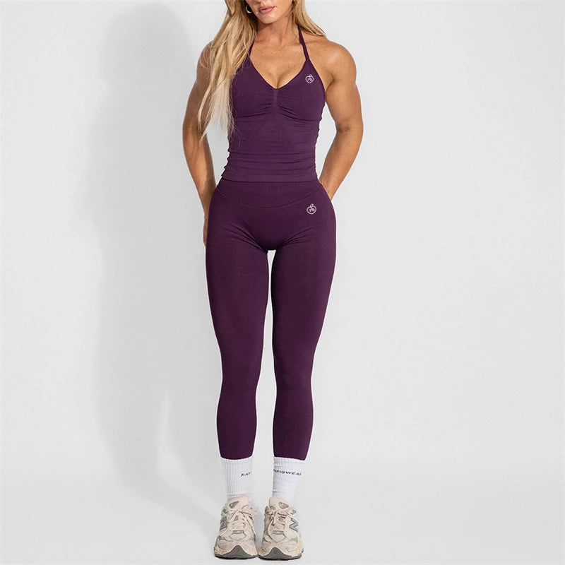 Women's Yoga Set Bum Balance Fitted Halter Tops & Shaping Pants 2pcs Yoga Sportwear Workout Gym Clothing High Waist Leggings Set