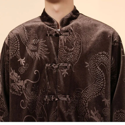 Giacca in velluto da uomo in stile cinese con stampa drago camicie da uomo tradizionale abito Tang Kung Fu Tai Chi camicie casual retrò abbigliamento da uomo