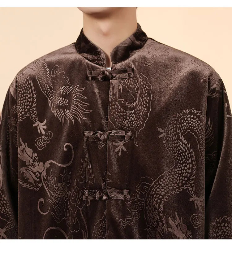 Giacca in velluto da uomo in stile cinese con stampa drago camicie da uomo tradizionale abito Tang Kung Fu Tai Chi camicie casual retrò abbigliamento da uomo