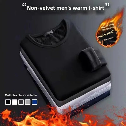 Men's Fleece Lined Thickened Long Sleeve T-Shirt round Neck Base Shirt Autumn Clothes Winter Thermal Wear Breathable Casual Top PlatiNum